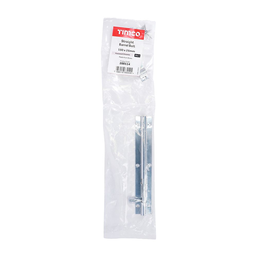 TIMCO Str. Barrel Bolt Pol. Chrome 150 x 25mm Pack 1