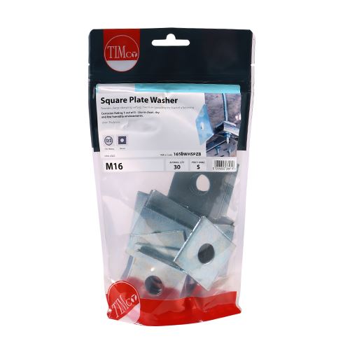 TIMCO Square Plate Washer - BZP M16 x 50 x 50 x 3 Silver Pack 30
