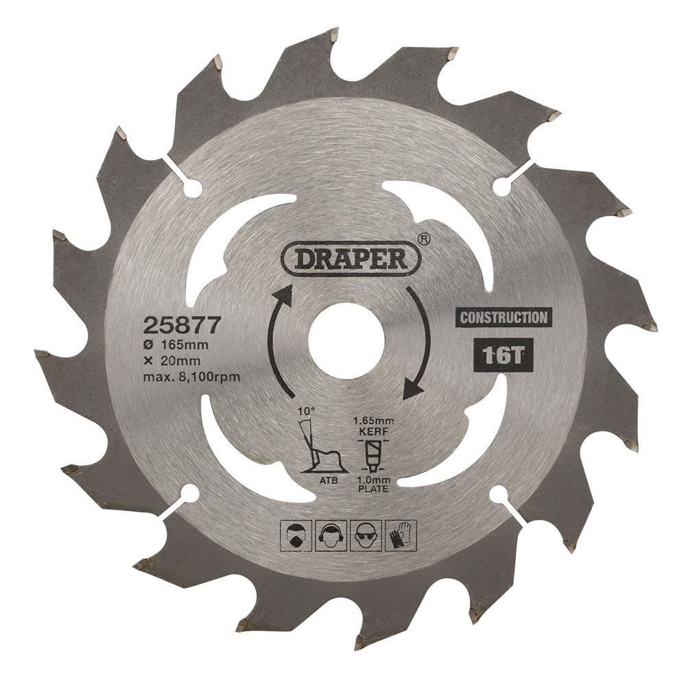 Draper TCT SAW BLADE 165MM 16T CONS 25877 TCT Cordless Construction Circular Saw Blade for Wood & Composites, 165 x 20mm