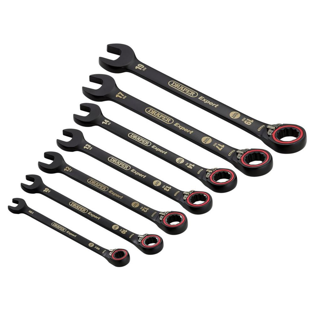 Draper 7PC REVERS.RATCHET SPANNER SET 03911 HI-TORQ® Metric Reversible Ratchet Combination Spanner Set, Black (7 Piece)