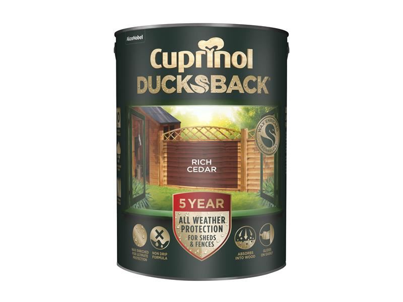 Cuprinol 5092436 Ducksback 5 Year Waterproof for Sheds & Fences Rich Cedar 5 litre