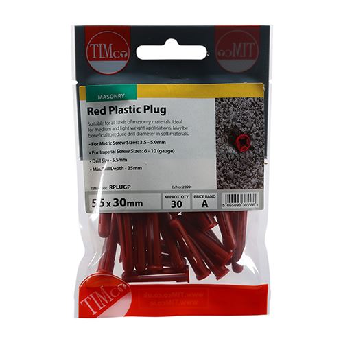 TIMCO Red Plastic Plug 30mm Red Pack 30