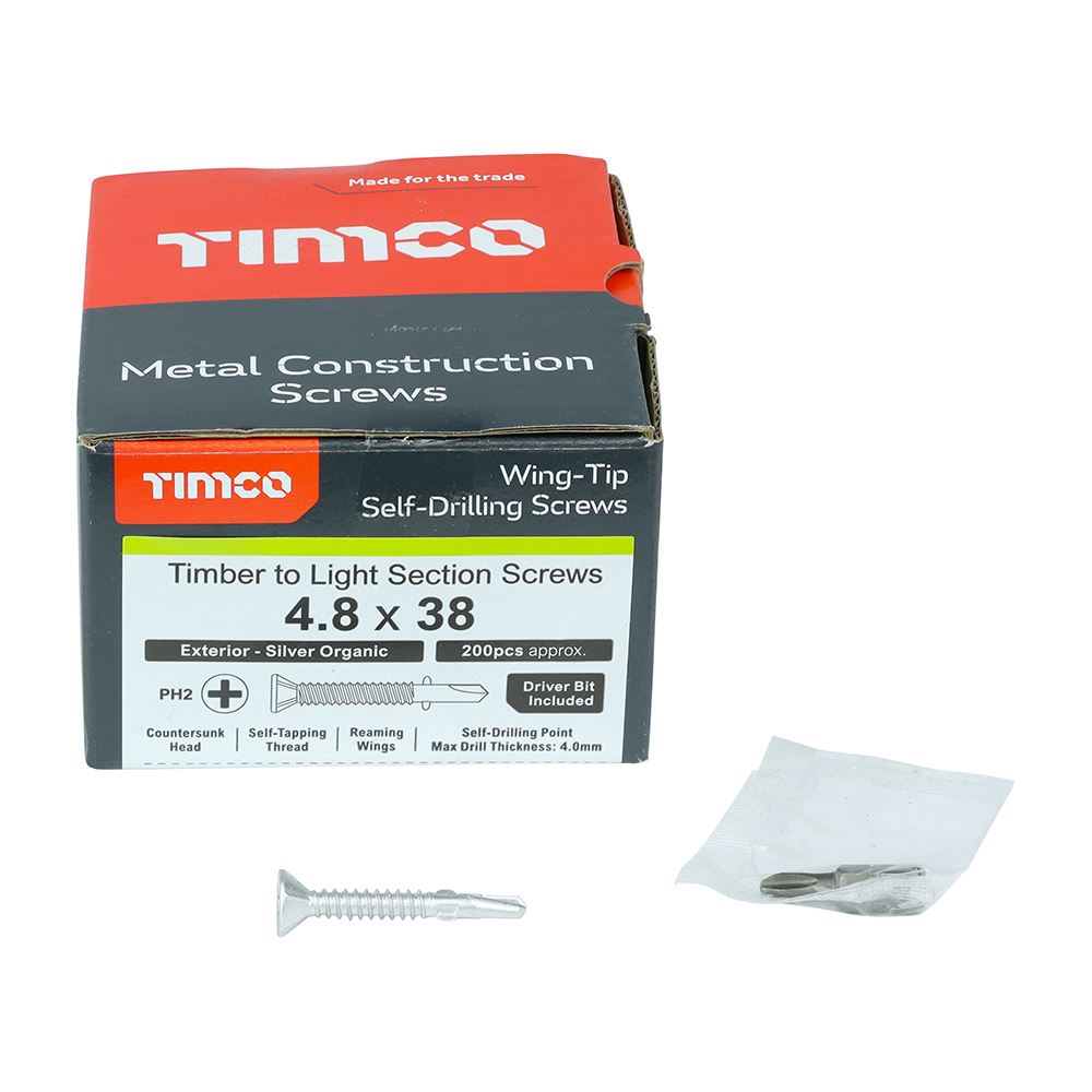 TIMCO WingTip Screw S/DRILL No3 EXT 4.8 x 38 Silver Pack 200