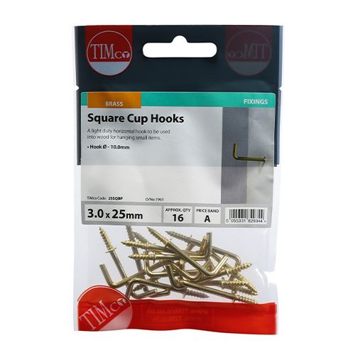 TIMCO Square Cup Hooks - E/Brass 25mm Pack 16