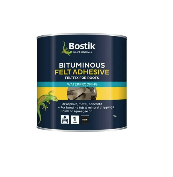 Bostik Bituminous Roof Felt Adhesive 1L Black High Grab Flexible Cold Applied for Felt Asphalt Metal Timber Concrete