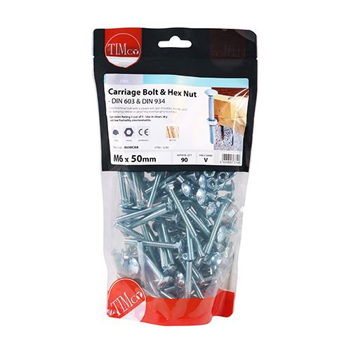 TIMCO Carriage Bolt & Hex Nut - BZP M6 x 50 Silver Pack 90