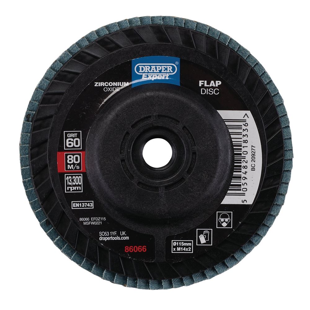 86066 Draper Expert Expert Zirconium Oxide Flap Disc, 115mm, M14, 60 Grit EFDZ115 Disc Flaps Professional Trade DIY Workshop Garage Use