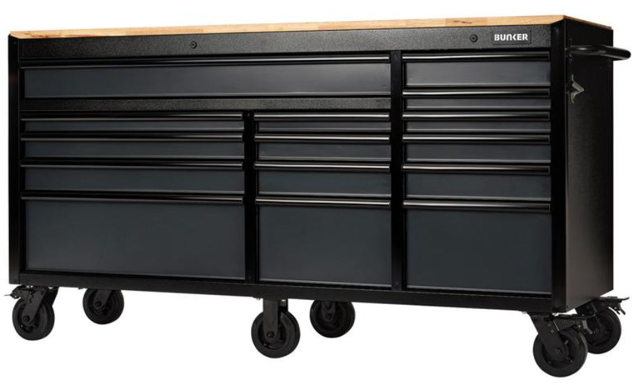 BUNKER 15 Drawer Workbench Roller Tool Cabinet, 72", Grey
