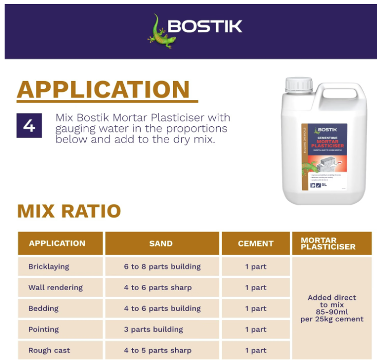 Bostik Mortar Plasticiser 5L Liquid Cement Admixture for Bricklaying Blockwork Rendering Improves Workability Durability Frost Resistance