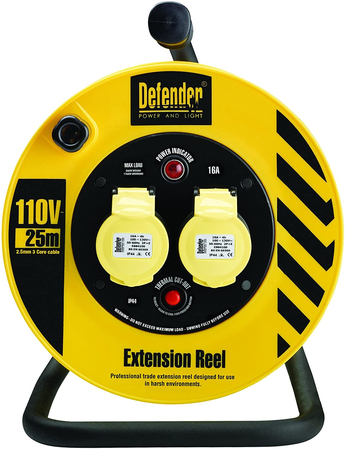 Defender Power E86450 110v 25m Light Industrial 2 Way Extension Cable Reel 1.5mm