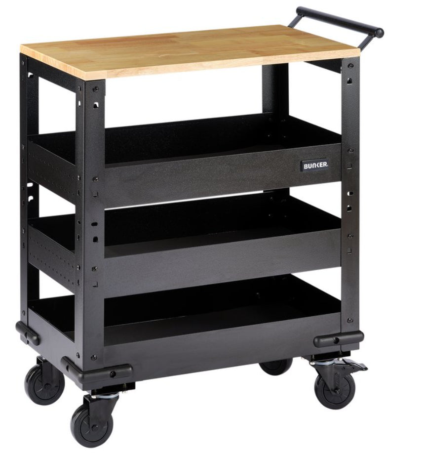 BUNKER 3 Tier Trolley with Pull Handle and Hardwood Worktop, 714mm