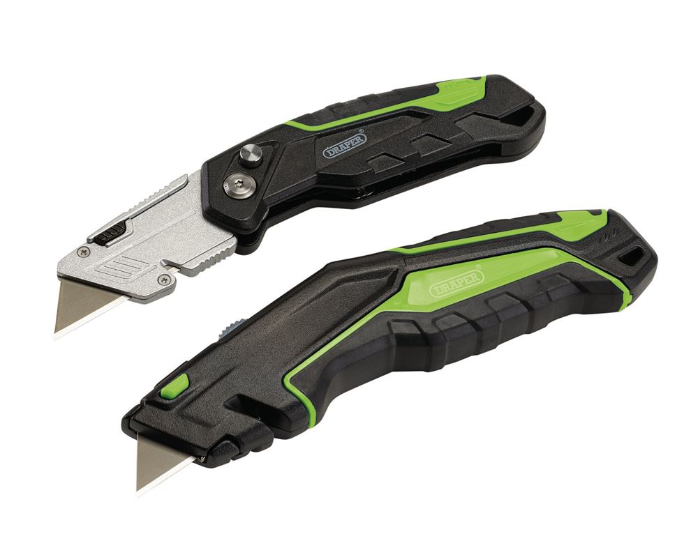 04773 Draper Retractable and Folding Trimming Knife Set with 10 x SK2 Two Notch Blades Folding Knives Professional Trade DIY Workshop Garage Use