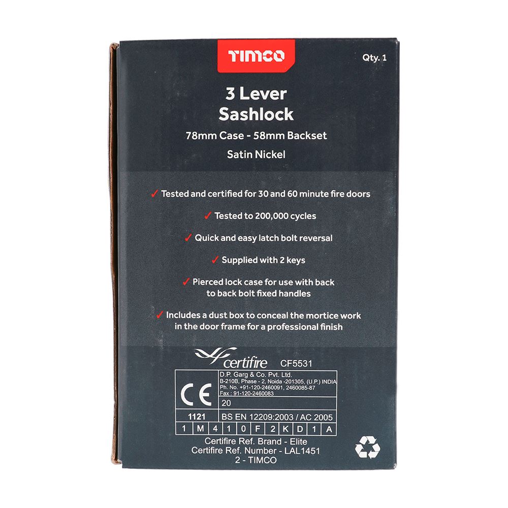 TIMCO 3 Lever Sashlock Sat. Nickel 78mm Pack 1