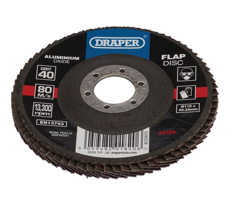 Draper 115MM FLAP DISC 40G ALOX 82356 Aluminium Oxide Flap Discs, 115 x 22.23mm