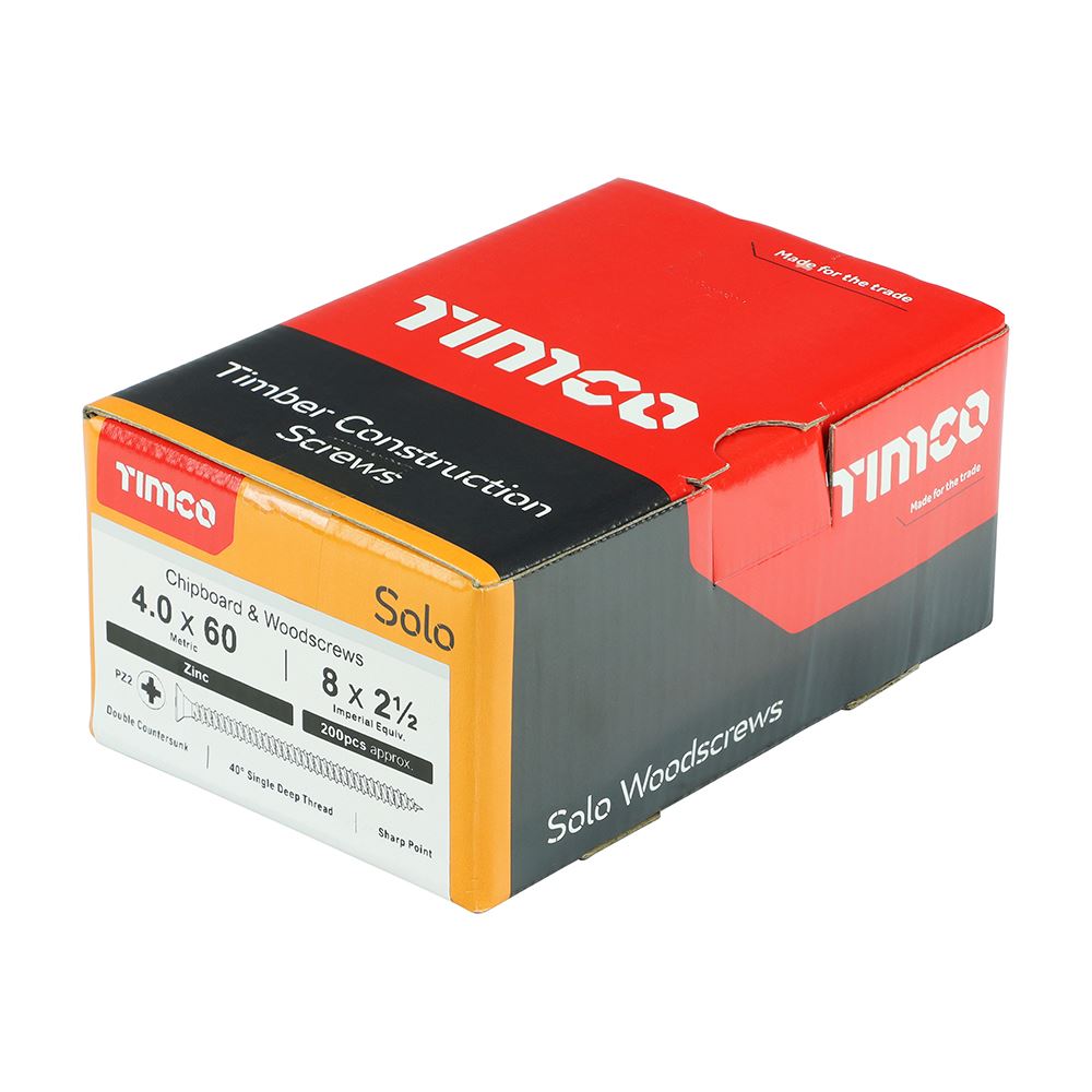 TIMCO Solo Woodscrew PZ2 CSK Zinc 4.0 x 60 Silver Pack 200