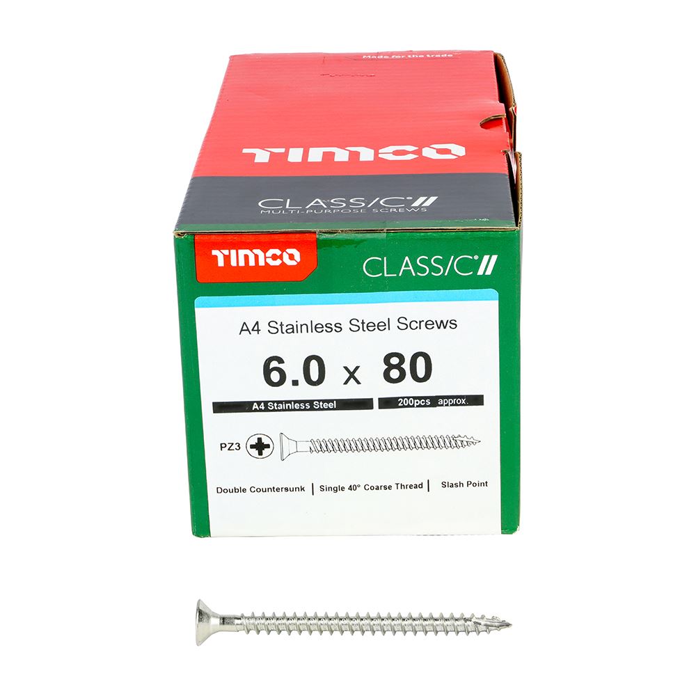TIMCO Classic Screw PZ3 CSK A4 SS 6.0 x 80 Pack 200