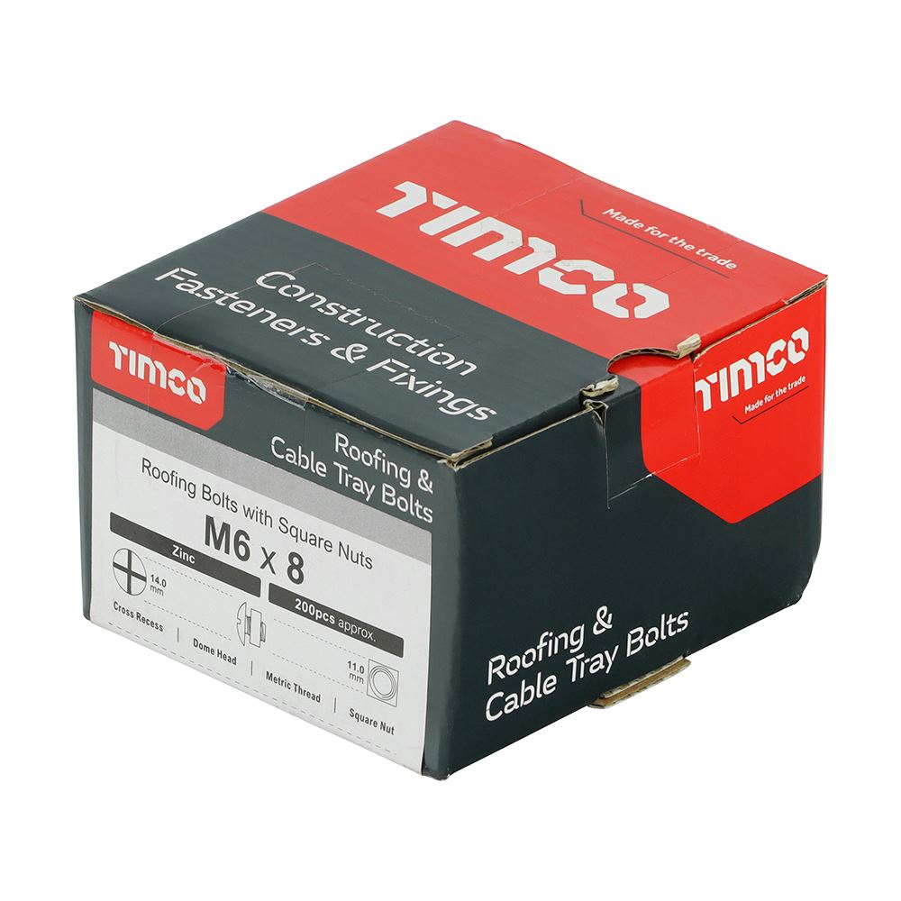 TIMCO Roofing Bolt & SQ Nut Zinc M6 x 8 Silver Pack 200