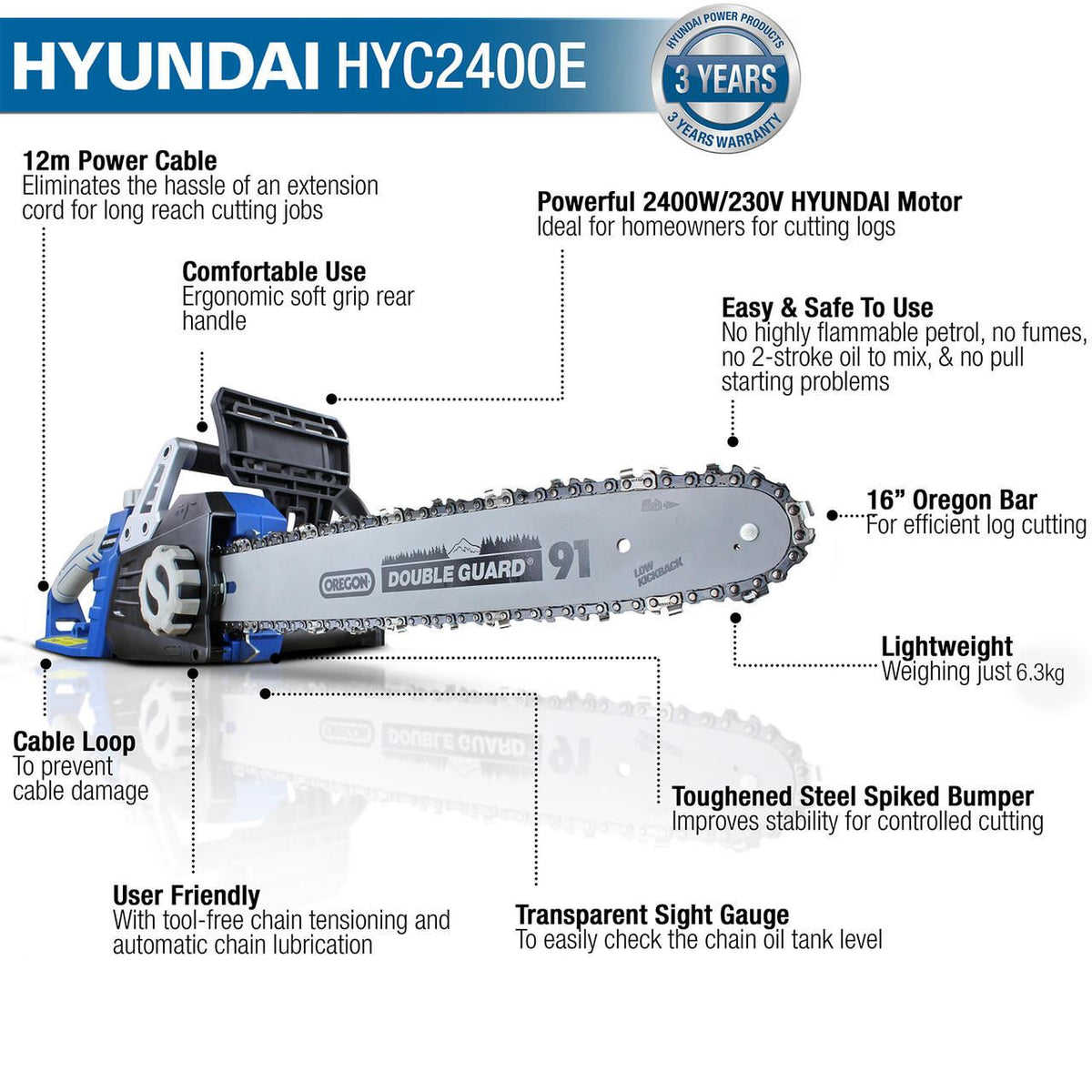 Hyundai HYC2400E Electric Chainsaw 2400W 16in 40cm Bar 15m/s Chain 230V Corded Garden Saw Tree Log Cutting Garden Saw