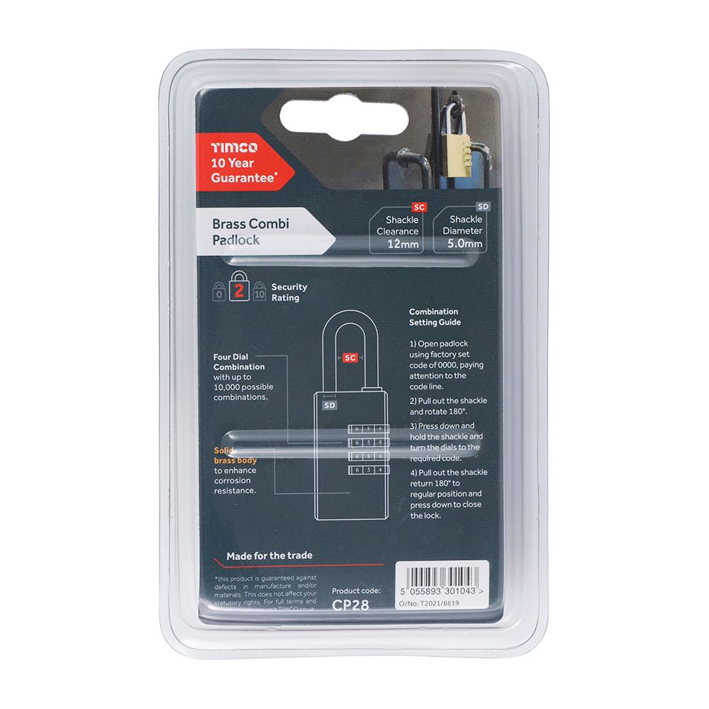 TIMCO Brass Combination Padlock 28mm Pack 1