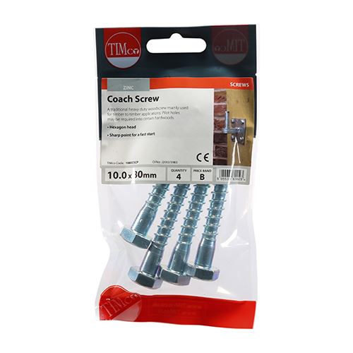 TIMCO Coach Screws Hex Head Silver - 10.0 x 80 TIMpac OF 4 - 1080CSCP