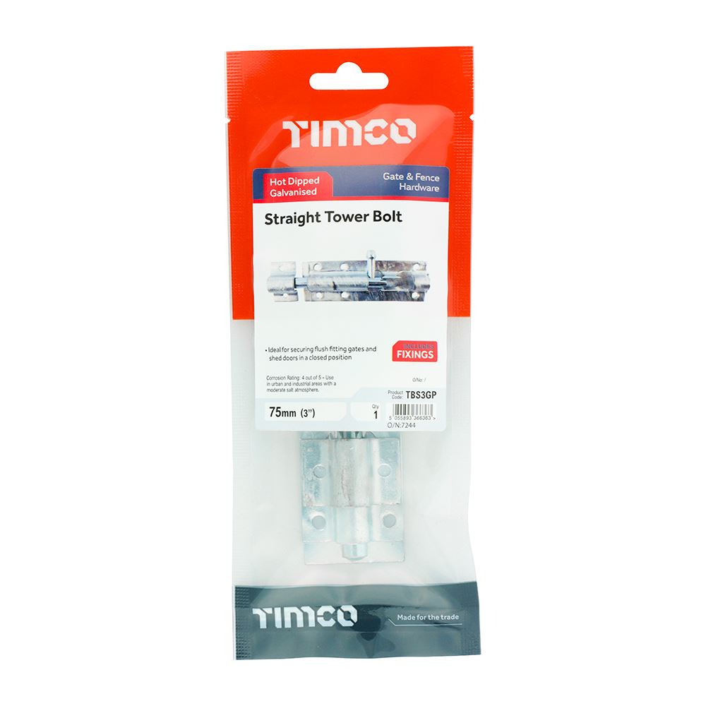 TIMCO Straight Tower Bolt HDG 3" Pack 1