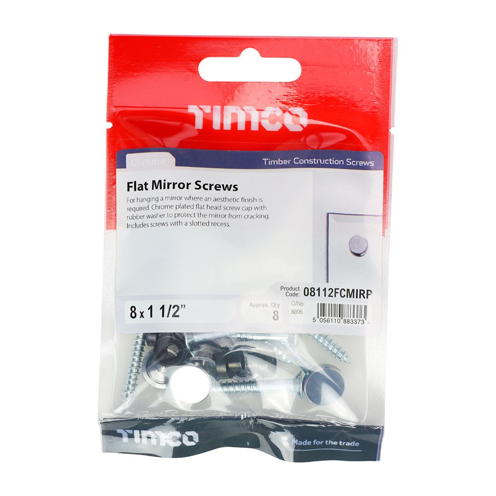 TIMCO Mirror Screw Flat - Chrome 8 x 1 1/2 Pack 8
