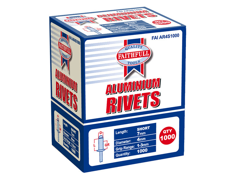 Faithfull Aluminium Rivets 4 x 7mm Short Bulk Pack of 1000