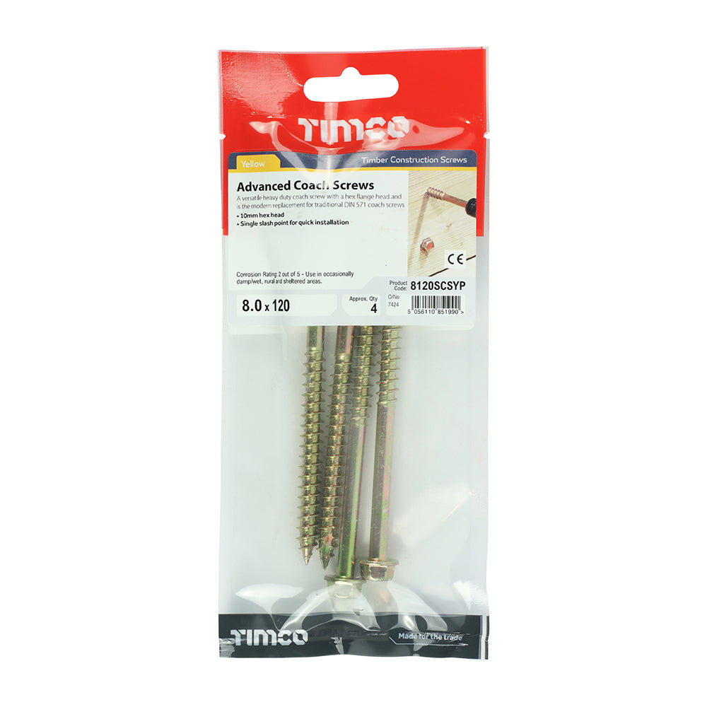 TIMCO Solo Advanced Hex Head Gold Coach Woodscrews - 8.0 x 120 TIMpac OF 4 - 8120SCSYP