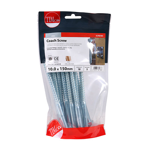 TIMCO Coach Screws Hex Head Silver  - 10.0 x 150 TIMbag OF 18 - 10150CSCB