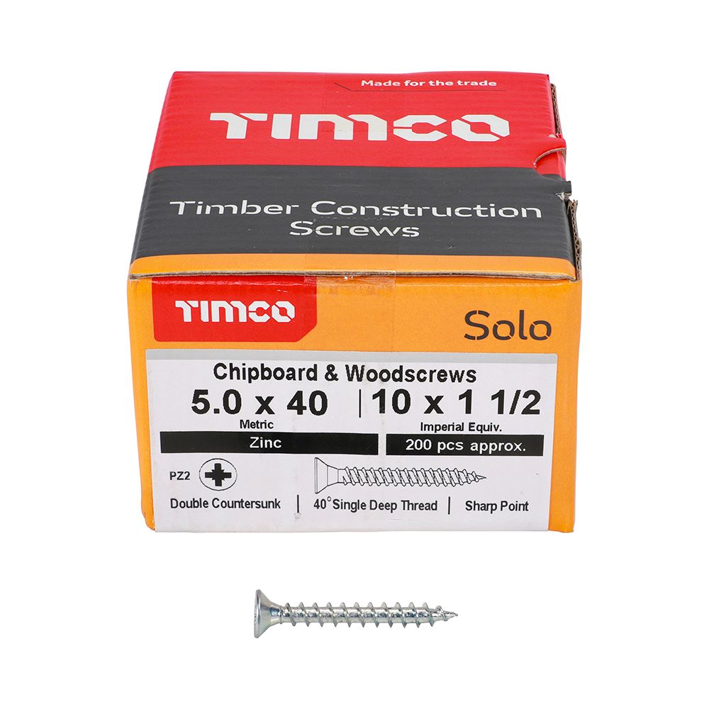 TIMCO Solo Woodscrew PZ2 CSK Zinc 5.0 x 40 Silver Pack 200