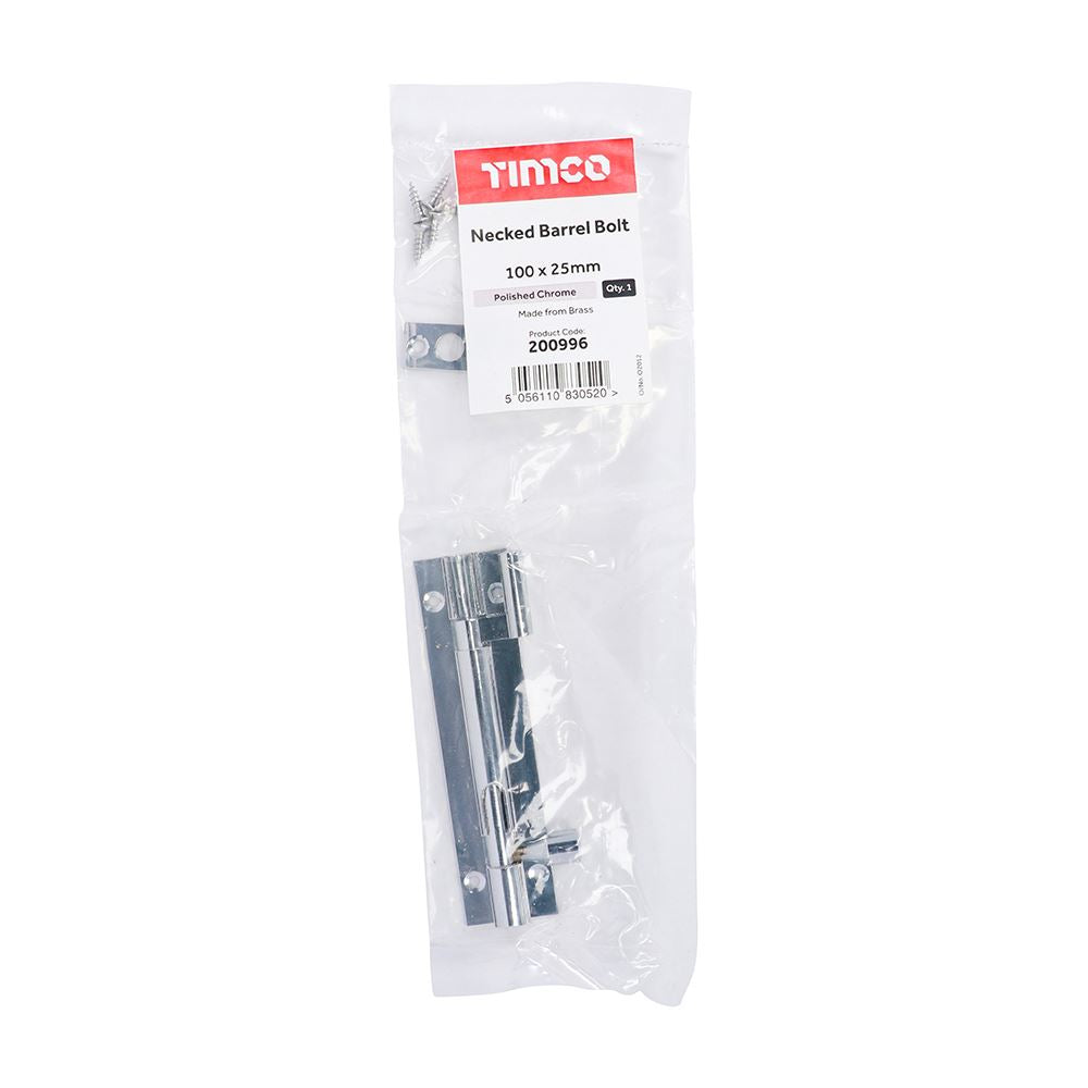 TIMCO Nkd. Barrel Bolt Pol. Chrome 100 x 25mm Pack 1