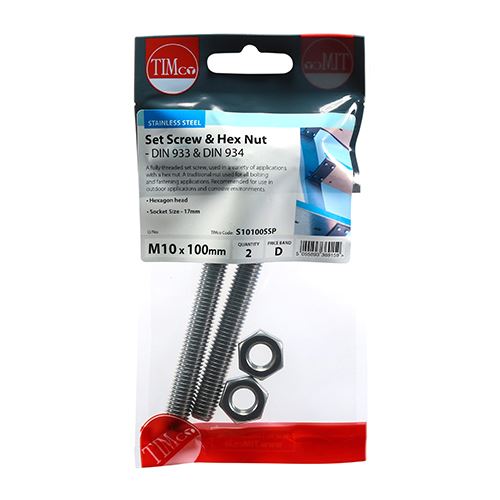TIMCO Set Screw & Hex Nut - A2 SS M10 x 100 Silver Pack 2