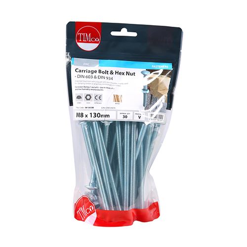TIMCO Carriage Bolt & Hex Nut - BZP M8 x 130 Silver Pack 30