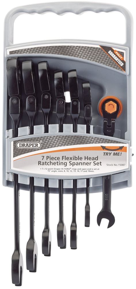 Draper 7PC FLEX HEAD R.SPANN SET BK 15087 Flexible Head Ratcheting Metric Combination Spanner Set (7 Piece)