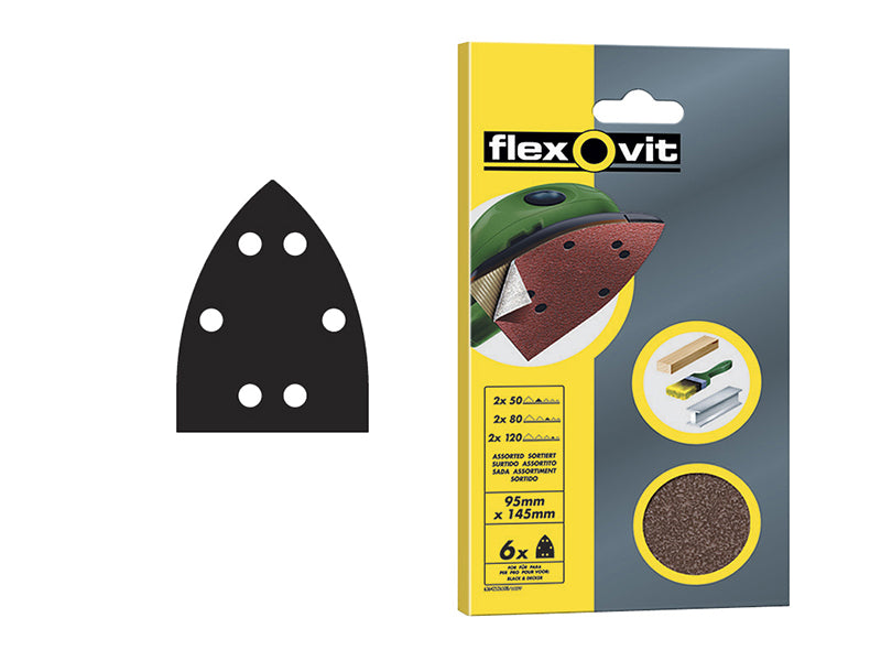 Flexovit 63642526407 Detail Hook & Loop Sanding Sheets 95x145mm Coarse 60Grit (Pack 6)