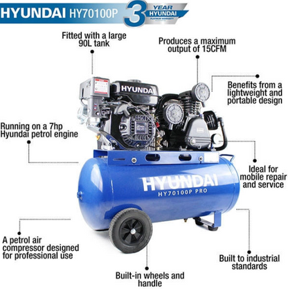 Hyundai 90 Litre Air Compressor, 10.7CFM/145psi, Petrol 7hp | HY70100P