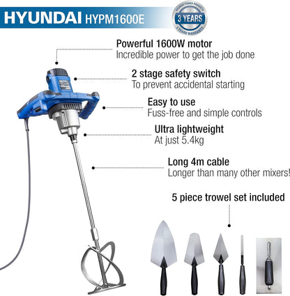 Hyundai 1600W Electric Paddle Mixer with 5 Piece Trowel Set 230v/240v | HYPM1600E
