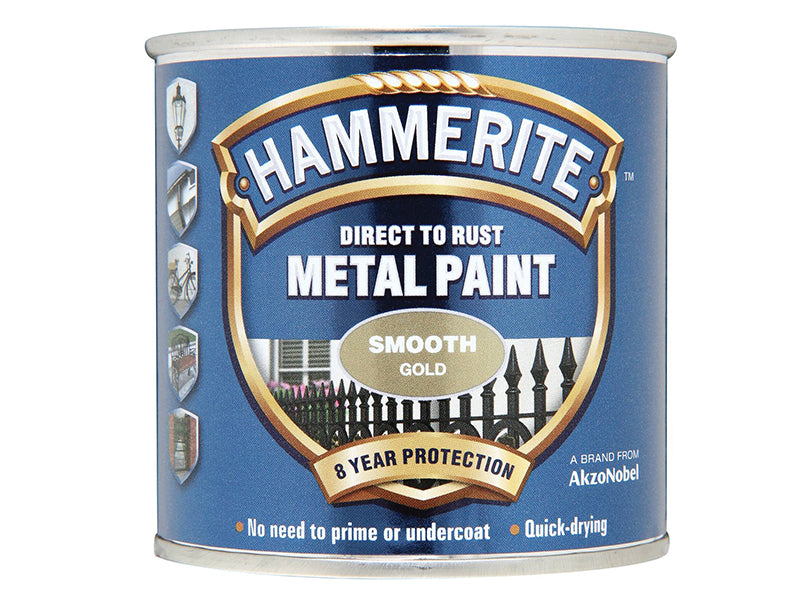 Hammerite 5084847 Direct to Rust Smooth Finish Metal Paint Gold 250ml