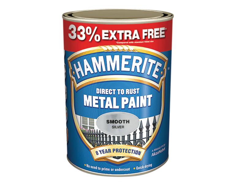 Hammerite 5158234 Direct to Rust Smooth Finish Metal Paint Silver 750ml + 33%