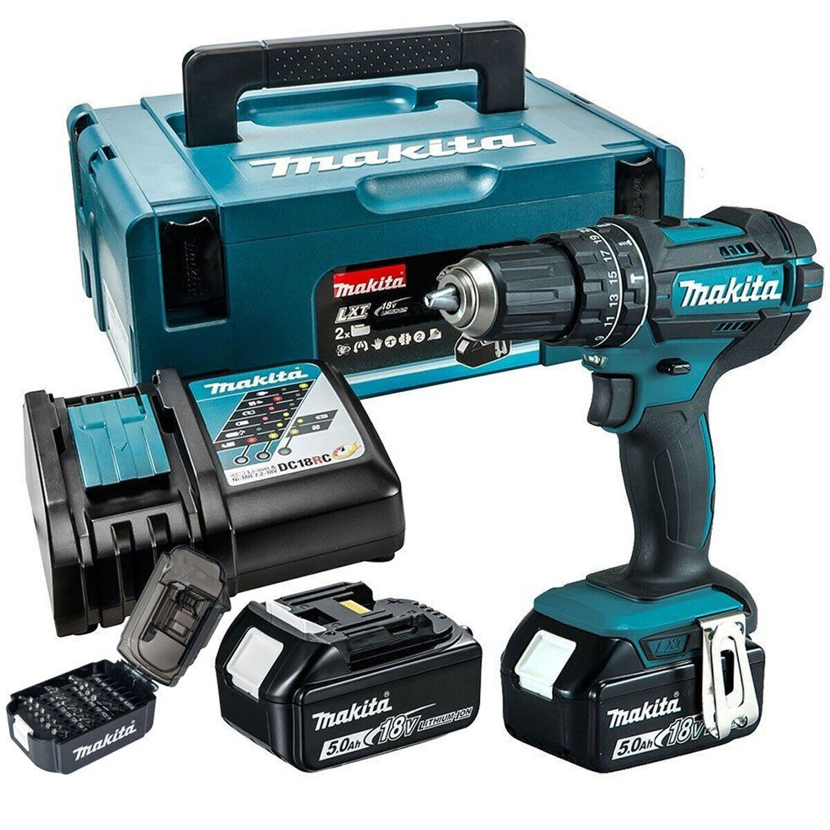 Makita 18v Combi Drill with 2 x 5.0Ah Batteries DC18RC Charger B-68323 Bit Set