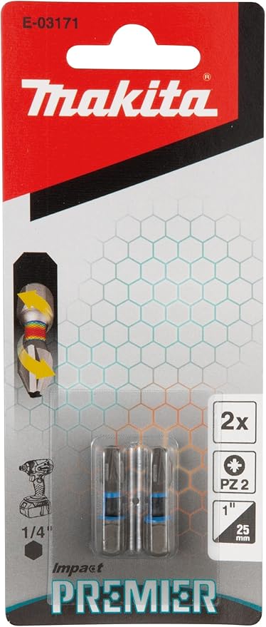 Makita E-03171 Impact Premier Torsion Bit PZ2 25mm Pack of 2