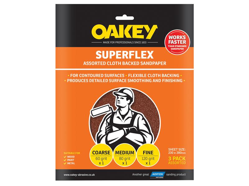 Oakey 63642526734 Superflex Cloth Backed Aluminium Oxide Sheets 230 x 280mm Assorted (3)