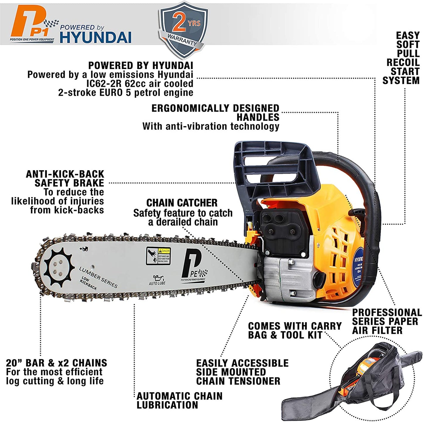 P1 Petrol Chainsaw with 62cc Hyundai Engine, 20" Bar, Easy-Start - Includes 2 Chains and Bag | P6220C