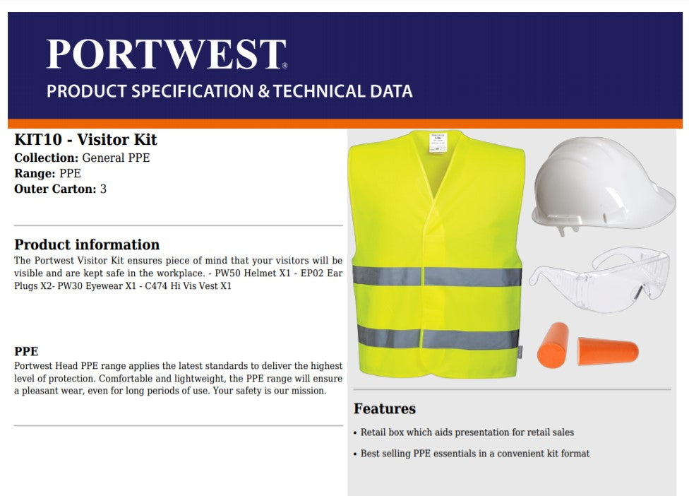 Portwest KIT10 -   L/XL Visitor Hi Vis Safety kit Hard Hat Vest Goggles