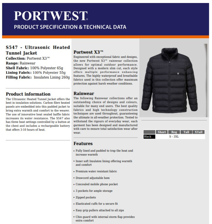 Portwest S547 - Black  L Ultrasonic Heated Tunnel Jacket Coat