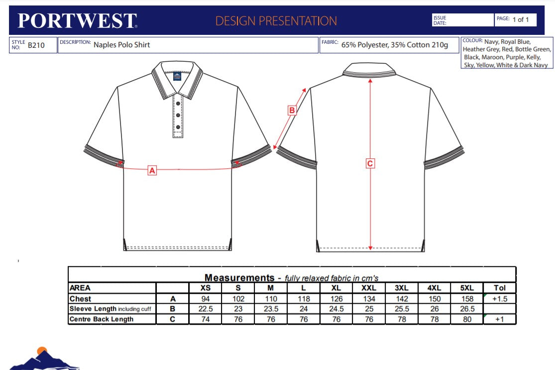 Portwest B210 - Sky Blue Sz XL Naples Polo Shirt Workwear Corporate Wear