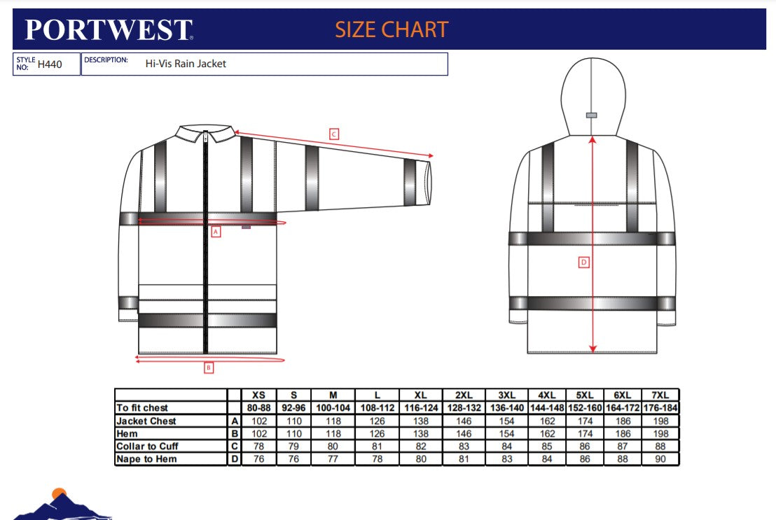 Portwest H440 - Orange Sz 5XL Hi-Vis Rain Jacket Coat Visibility Reflective