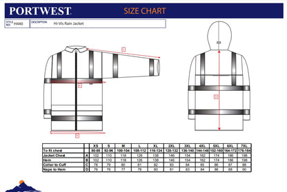 Portwest H440 - Orange Sz 5XL Hi-Vis Rain Jacket Coat Visibility Reflective
