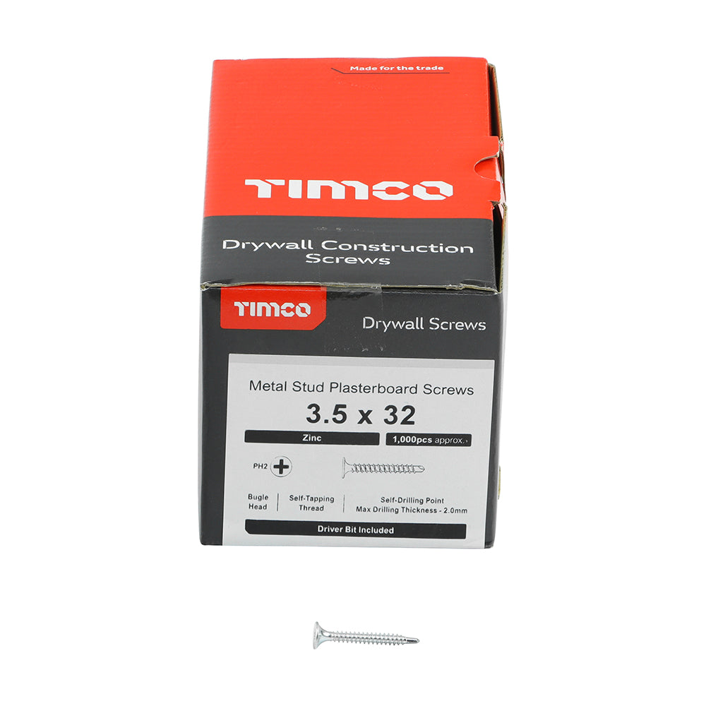 TIMCO Drywall Self-Drilling Bugle Head Silver Screws - 3.5 x 32 Box OF 1000 - 00032PSDD