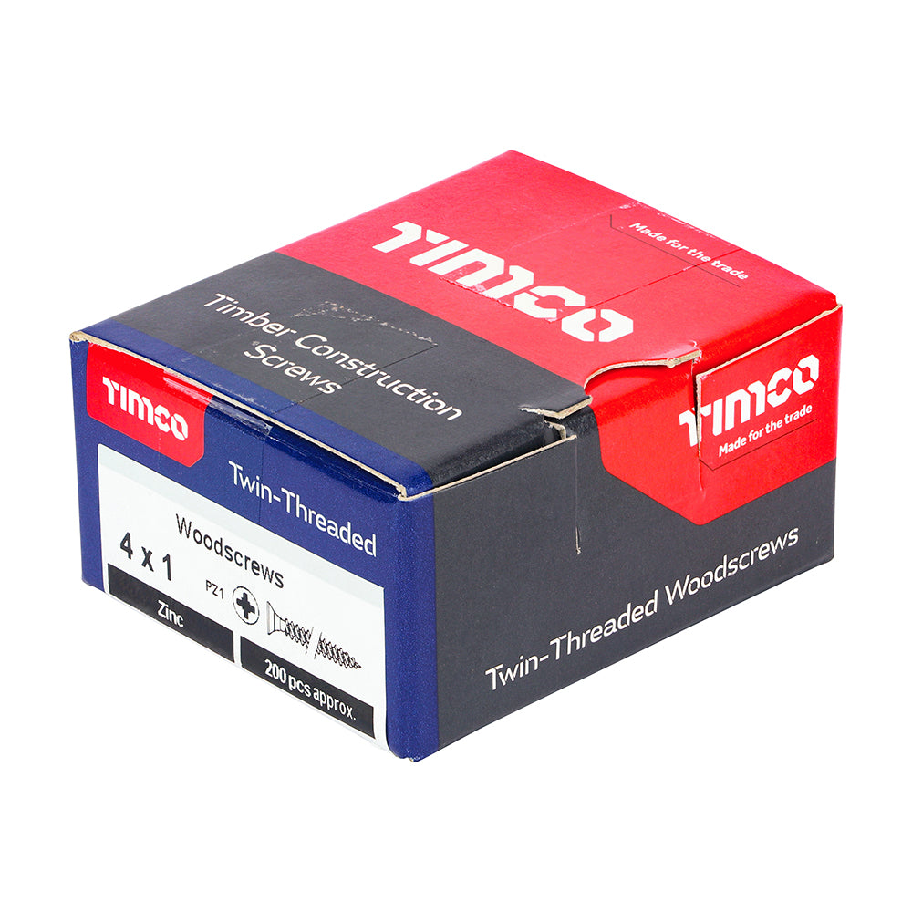 TIMCO Twin-Threaded Countersunk Silver Woodscrews - 4 x 1 Box OF 200 - 00041CWZ